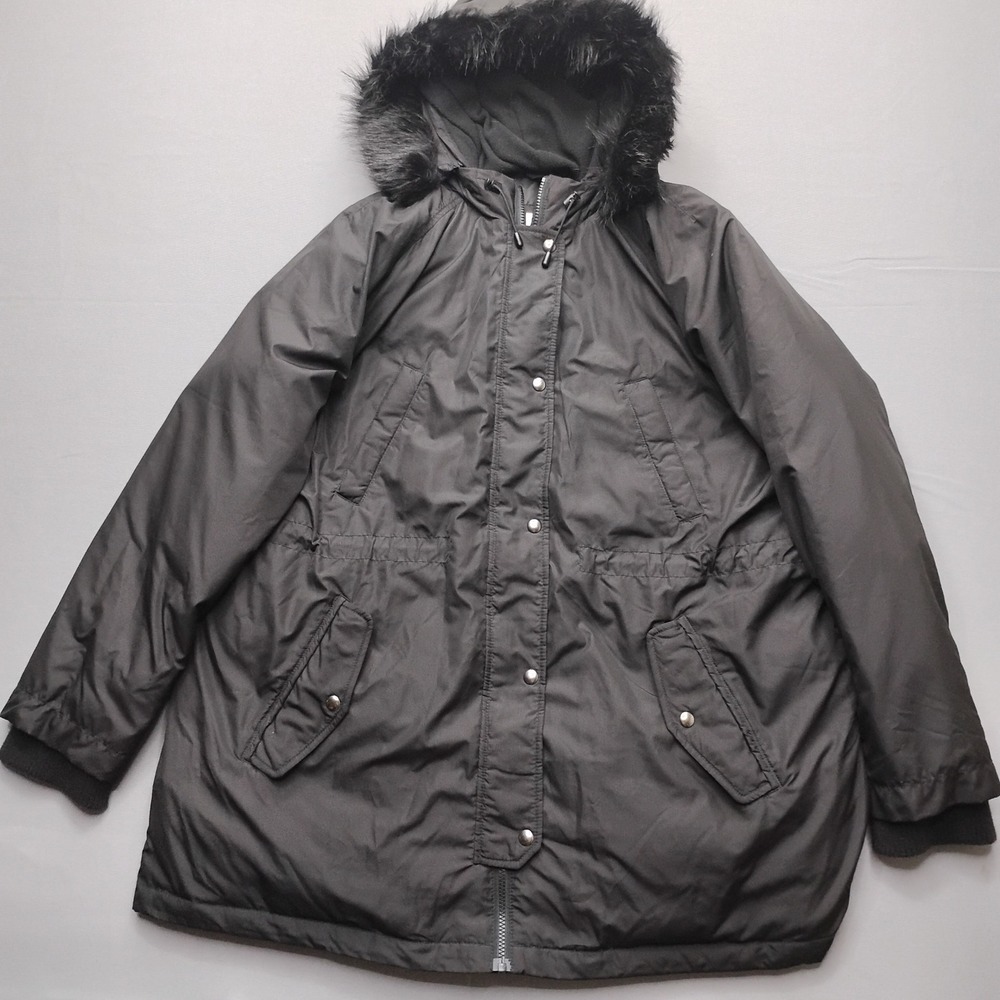 Gap Womens XXL Black Down Parka Faux Fur Trim Hood Puffer Winter Coat Jacket